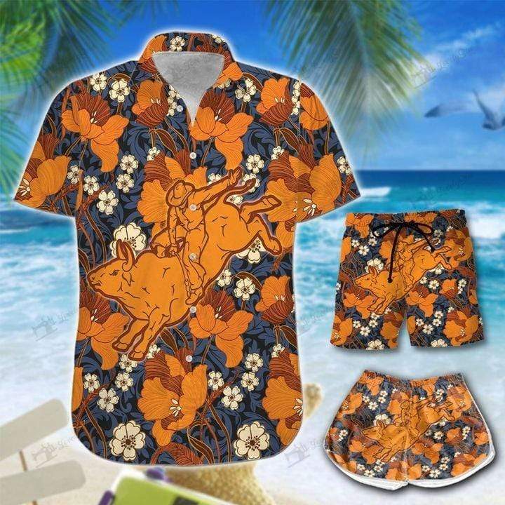 Bull Riding Western Hawaiian Aloha Shirts Or Beach/ Women Shorts #Dh