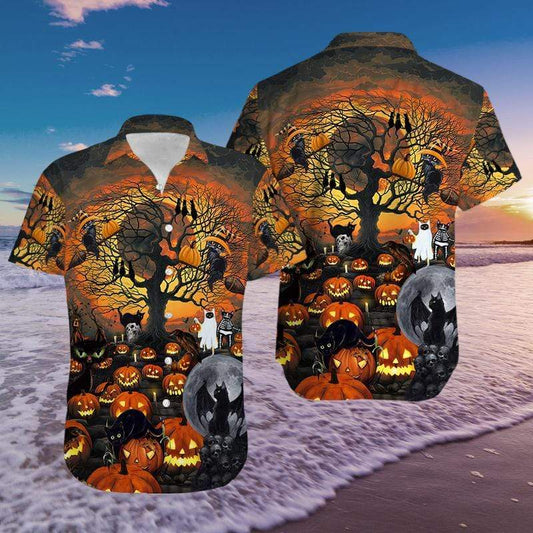 Black Cat Halloween God Pumpkin Hawaiian Aloha Shirts 