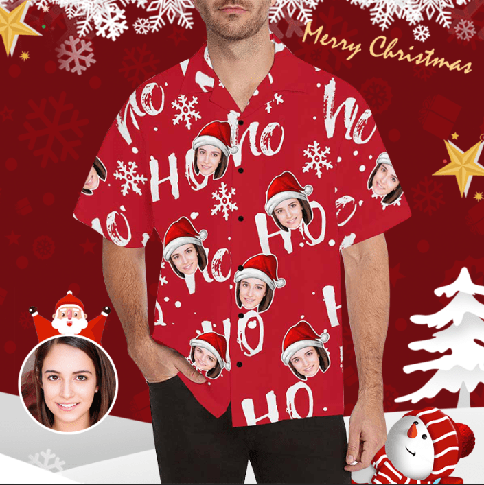 Custom Face On Funny Ho Ho Ho Red Hawaiian Aloha Shirts