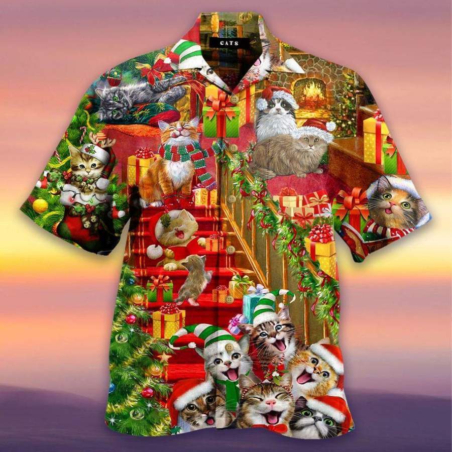 Funny Cat On Christmas Eve Hawaiian Aloha Shirts