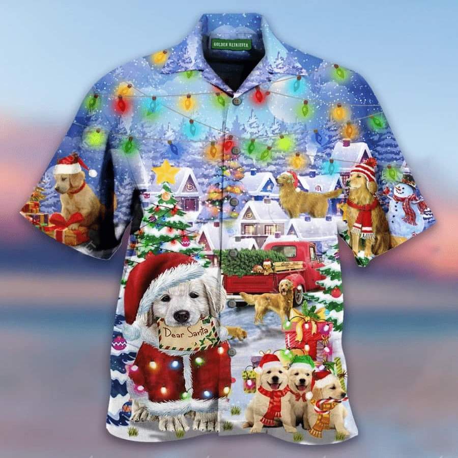 Hawaiian Aloha Shirts Golden Retriever Family On Christmas