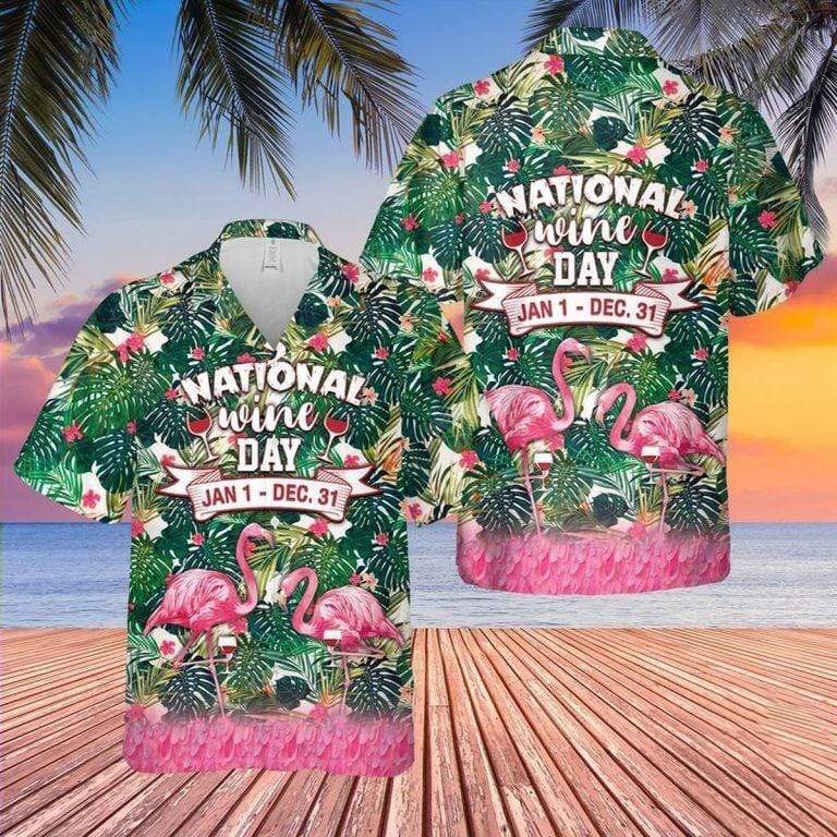 Hawaiian Aloha Shirts National Wine Day Flamingo