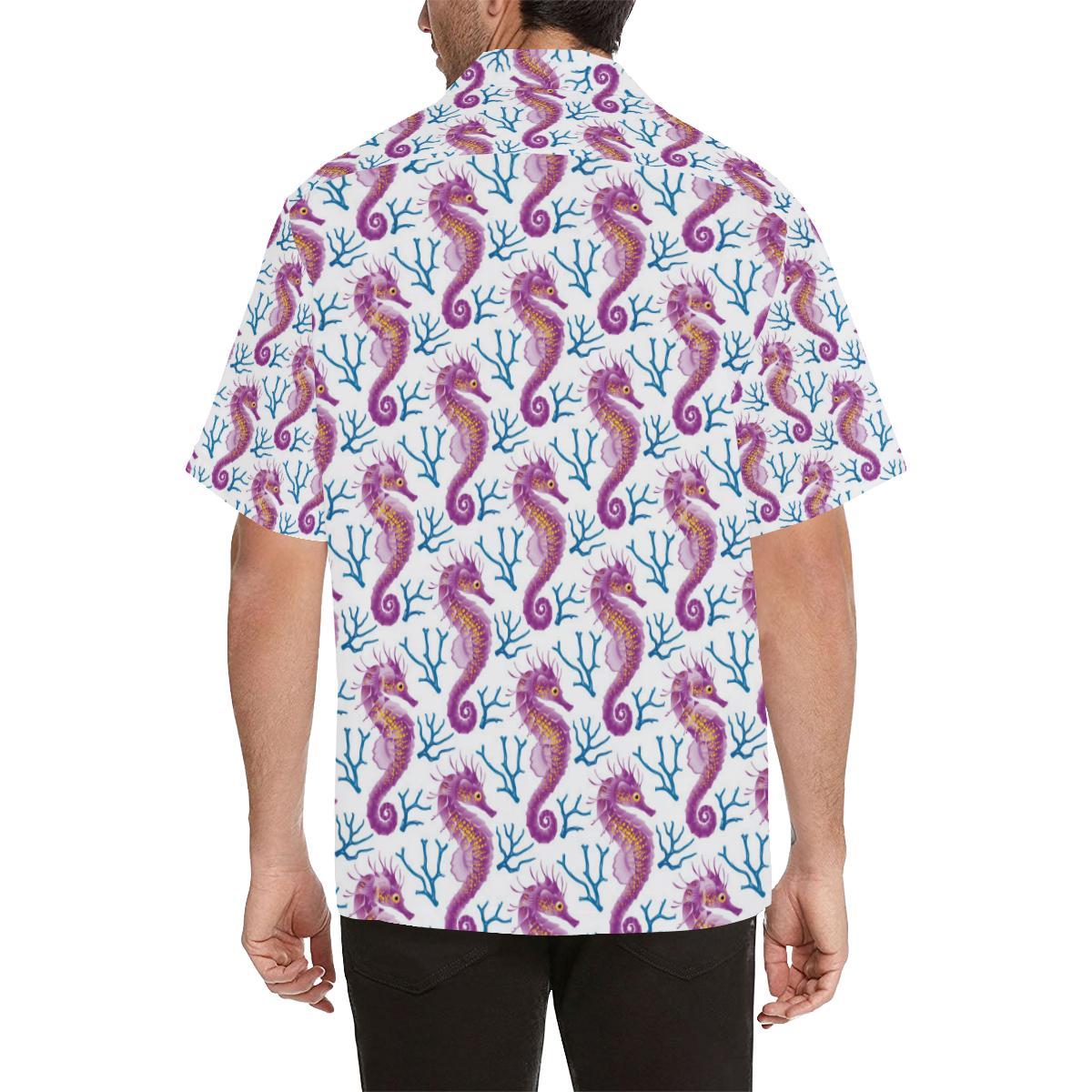 Purple Seahorse Blue Coral Pattern Mens All Over Print Hawaiian Shirt