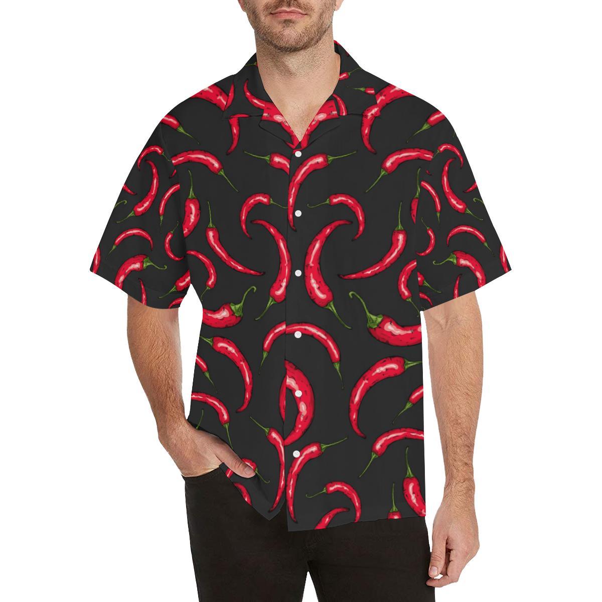 Chili Peppers Pattern Black Background Mens All Over Print Hawaiian Shirt