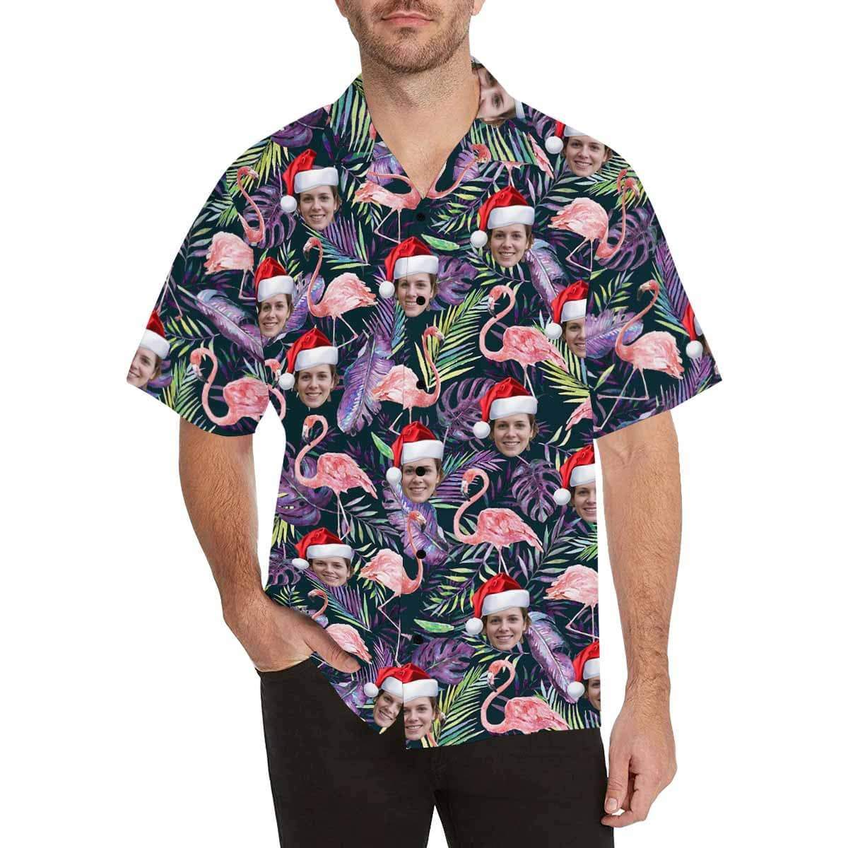 Custom Face Flamingo Christmas Hat Men's All Over Print Hawaiian Shirt