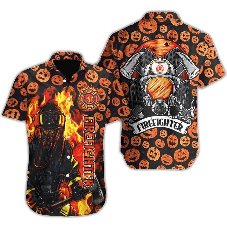 Hawaiian Aloha Shirt Firefighter Pumpkin Halloween