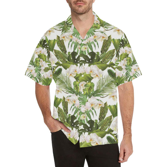 White Orchid Flower Tropical Leaves Pattern Mens All Over Print Hawaiian Shirt