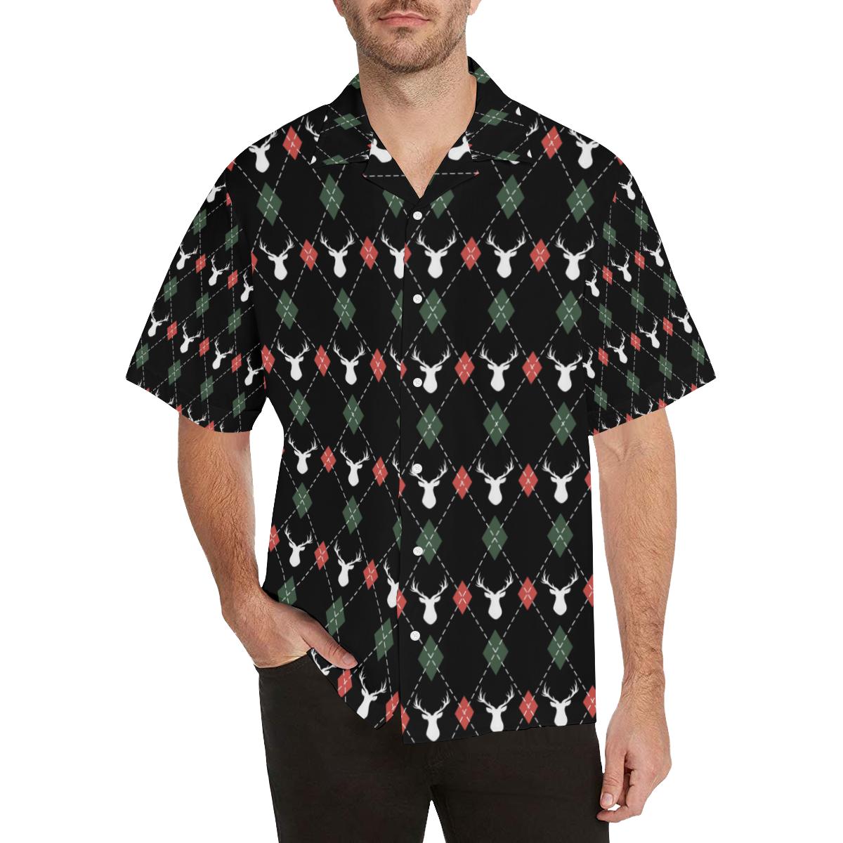 Deer Christmas New Year Pattern Argyle Mens All Over Print Hawaiian Shirt