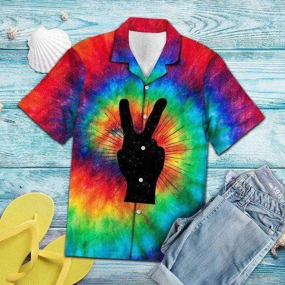 Tie-dye Peace Symbol V Sign Hippie Hawaiian Aloha Shirts #DH