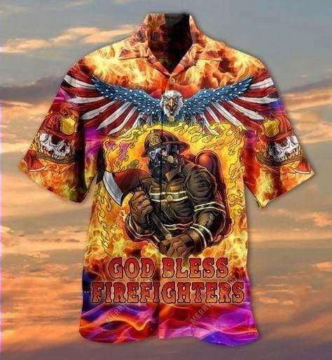 Hawaiian Aloha Shirts God Bless Firefighters Skull