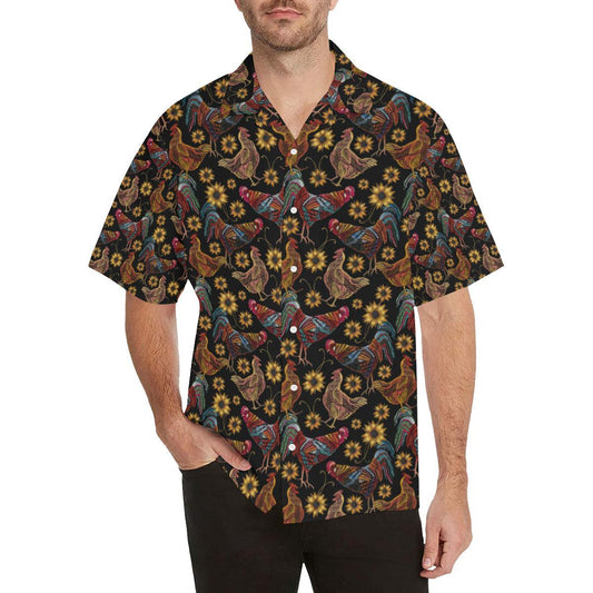 Rooster Chicken Flower Pattern Mens All Over Print Hawaiian Shirt