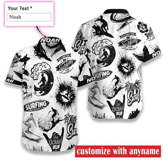 Personalized Surfing Art Black and White Hawaiian Aloha Shirts Custom Name #DH