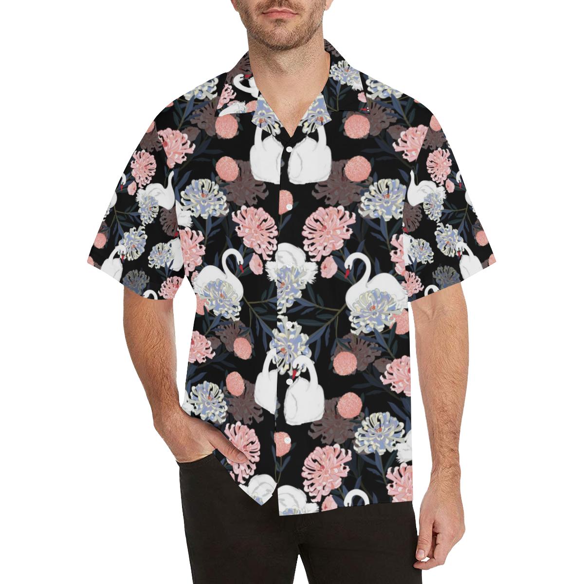 White Swan Blooming Flower Pattern Mens All Over Print Hawaiian Shirt