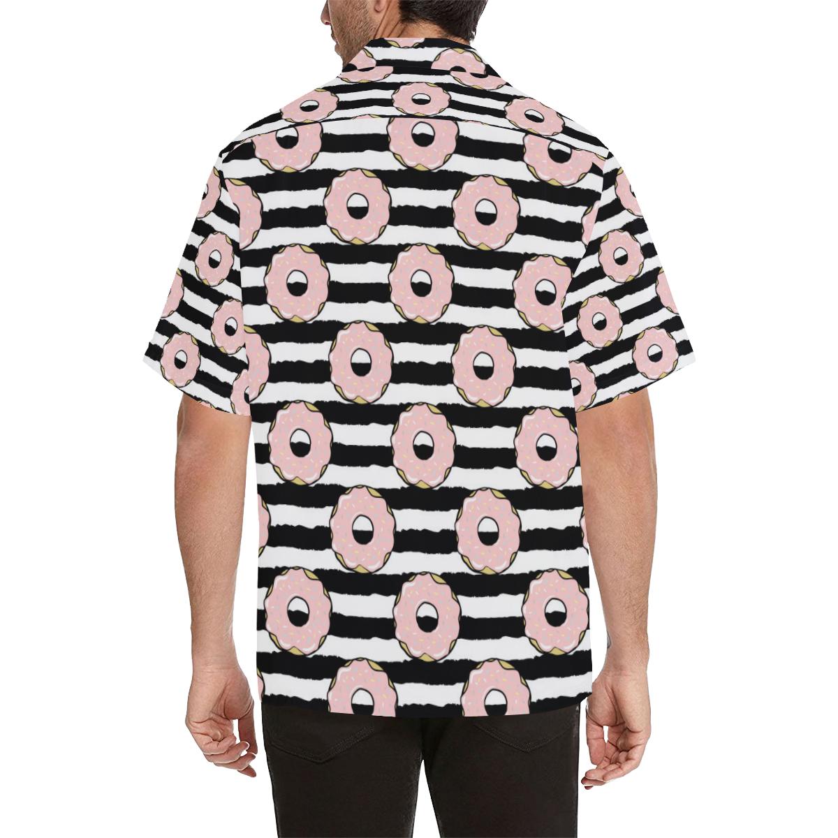 Donuts Pink Icing Striped Pattern Mens All Over Print Hawaiian Shirt