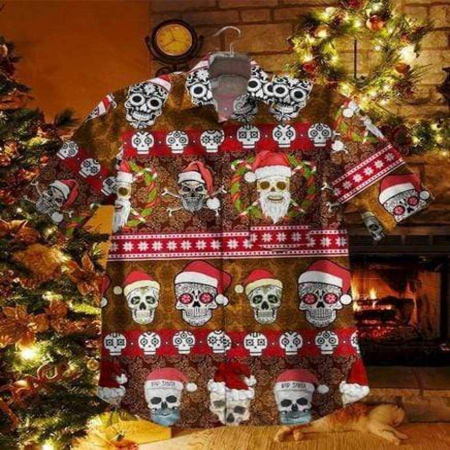 .Skull Santa Claws candy Christmas Hawaiian Aloha Shirts #H