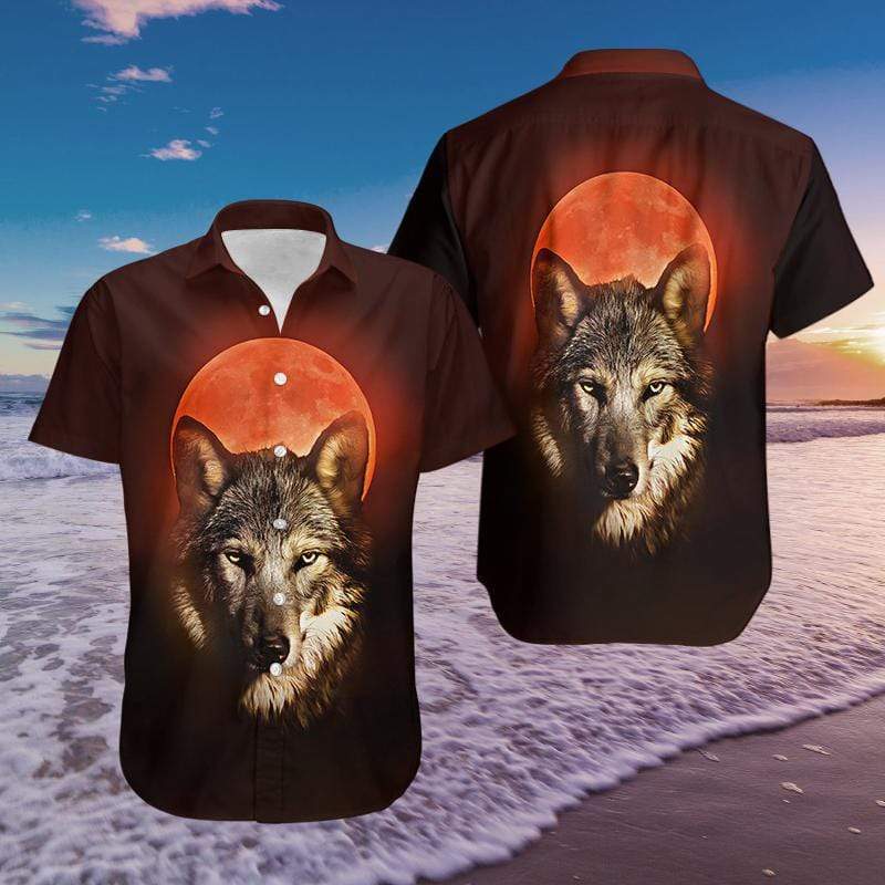 Hawaiian Aloha Shirts Wolf And Red Moon #2310DH