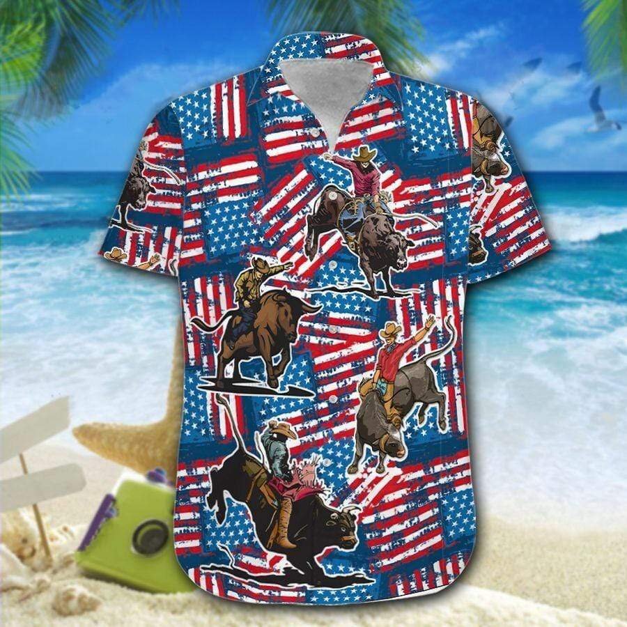 Hawaiian Aloha Shirts Bull Riding American Flag 4Th Of July