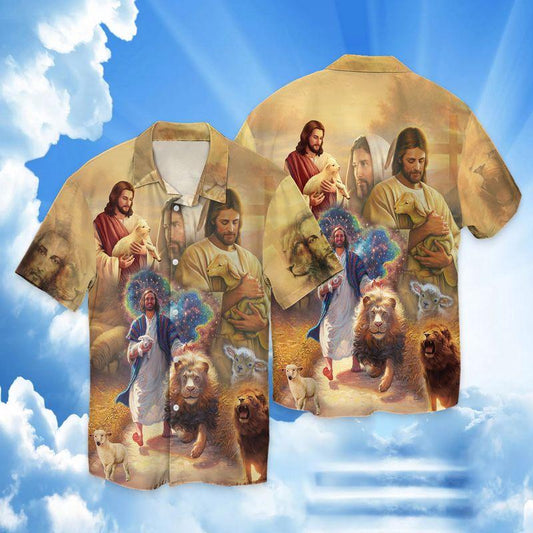 Jesus Lion Lamb Galaxy Hawaiian Aloha Shirts #Kv