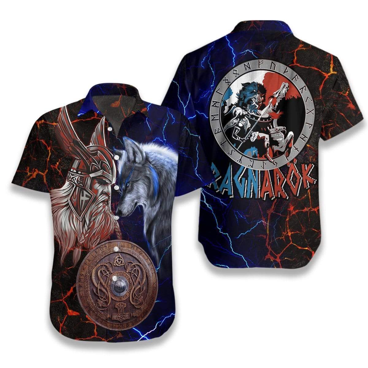 Hawaiian Aloha Shirts Wolf Viking Odin And Fenrir Battle