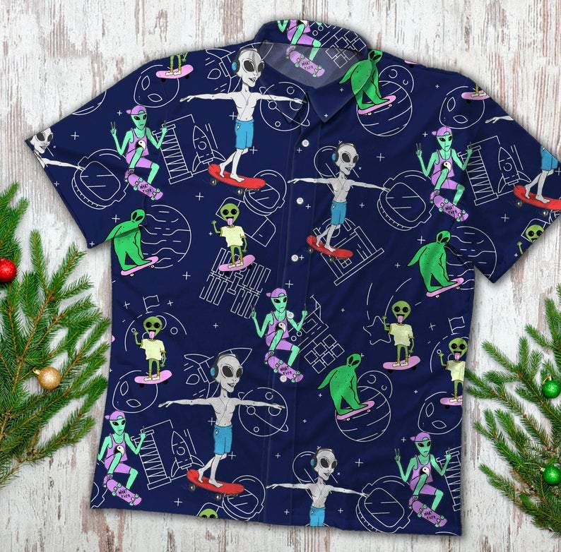 Funny Alien Riding Skateboard Hawaiian Shirts #KV