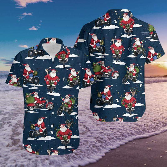 Funny Santa Claus Ricing Bike Navy Hawaiian Shirts #2111l