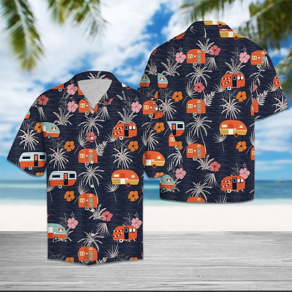 Camping Bus Orange Aloha Hawaiian Shirts 