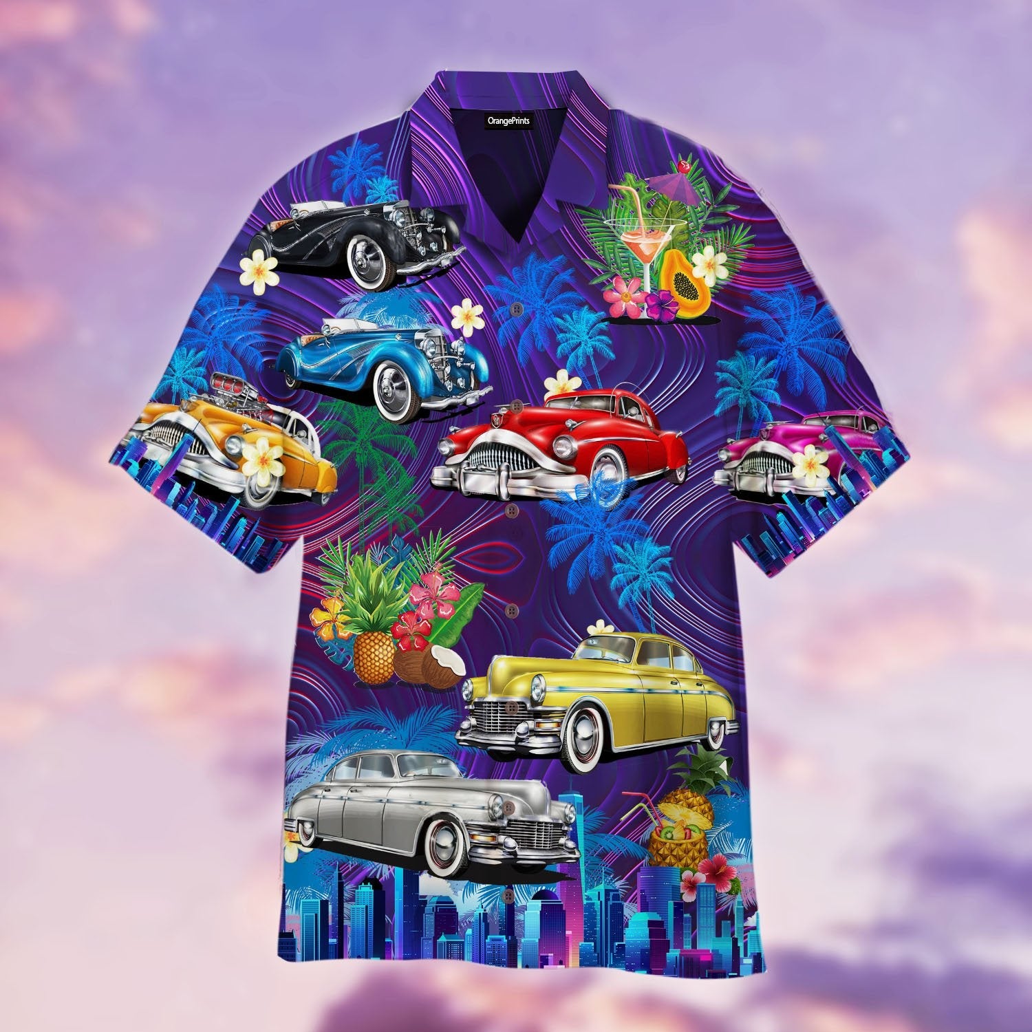 Vintage Hot Rod Car Sunset Beach Hawaiian Shirt | For Men &amp;amp; Women | Adult | Wt1053