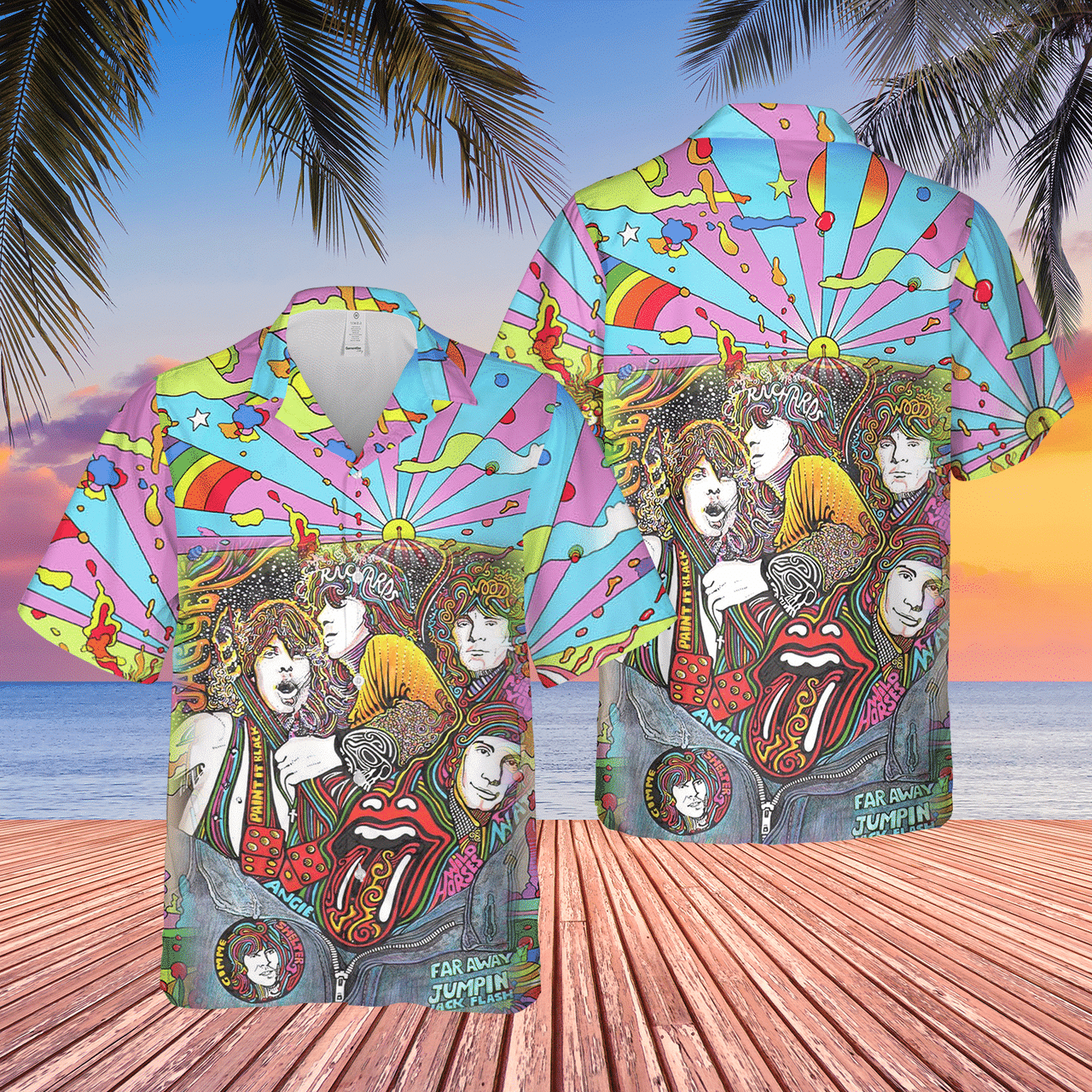 The Rolling Stones Psychedelic Pattern Hippie Hawaiian Shirt