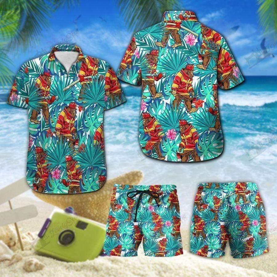 Proud Firefighter Bigfoot Hawaiian Shirts Swim Trunks Beach Shorts #H