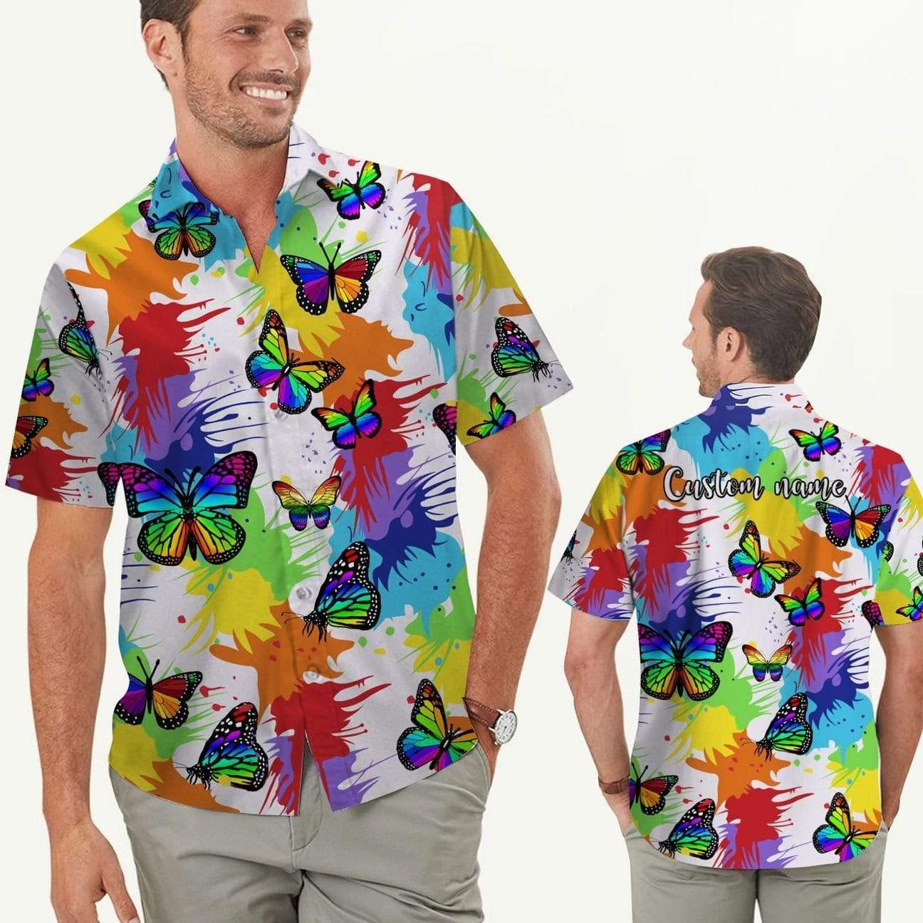 Custom Name LGBT+ Pride Rainbow Butterfly Personalized Hawaiian Aloha Shirts #VI