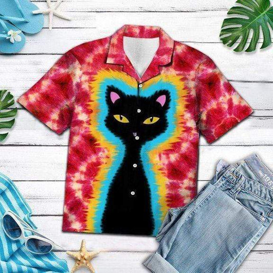 Tie-dye Hippie Black Cat Hawaiian Aloha Shirts #DH