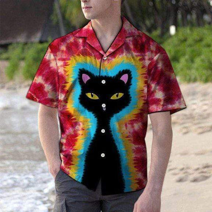 Tie-dye Hippie Black Cat Hawaiian Aloha Shirts #DH