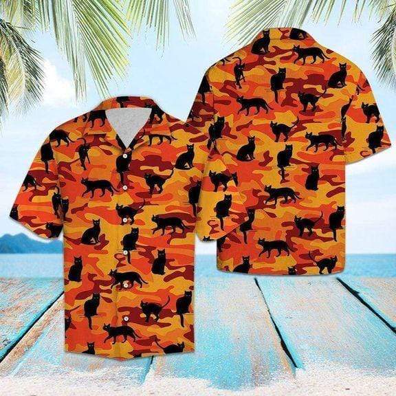 Halloween Black Cat Orange Hawaiian Aloha Shirts #DH