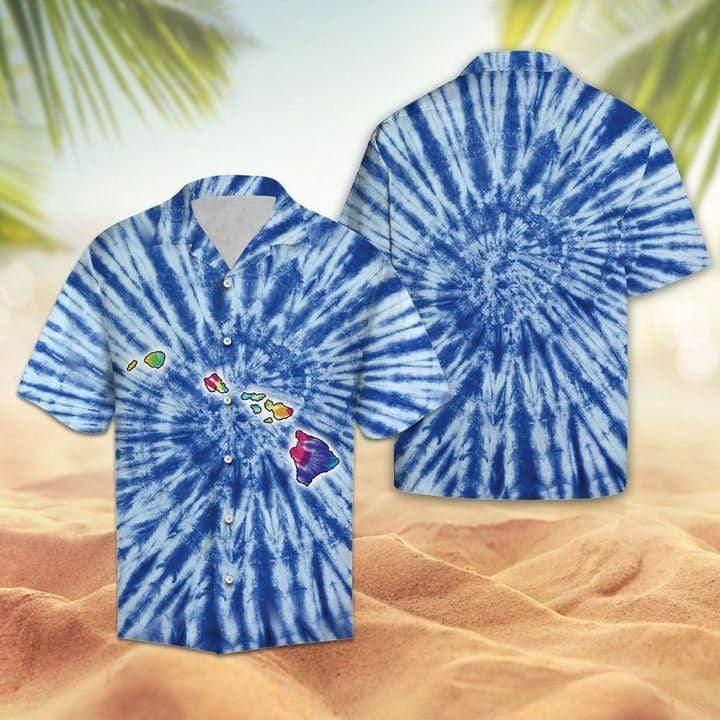 Hawaii Map Blue Tie Dye Shirts Unique Beach Shirt Hawaiian
