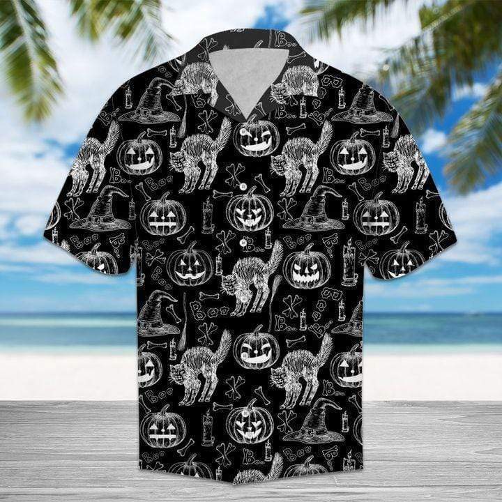 Halloween Black Cat Unisex Hawaiian Aloha Shirts #L