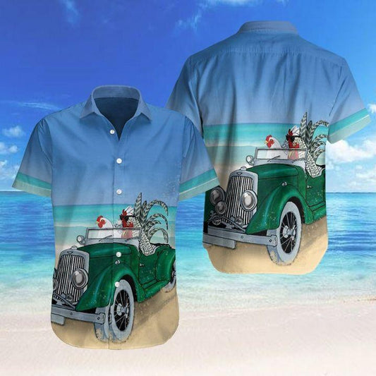 Farm Chicken Driving Car On The Beach Hawaiian Shirt