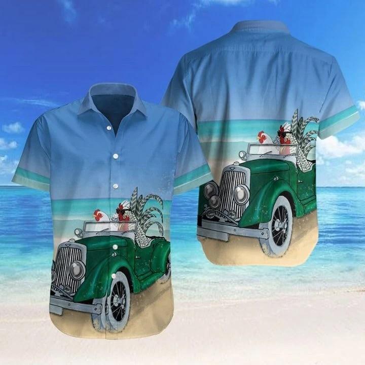 Farm Chicken Driving Car On The Beach Hawaiian Shirt