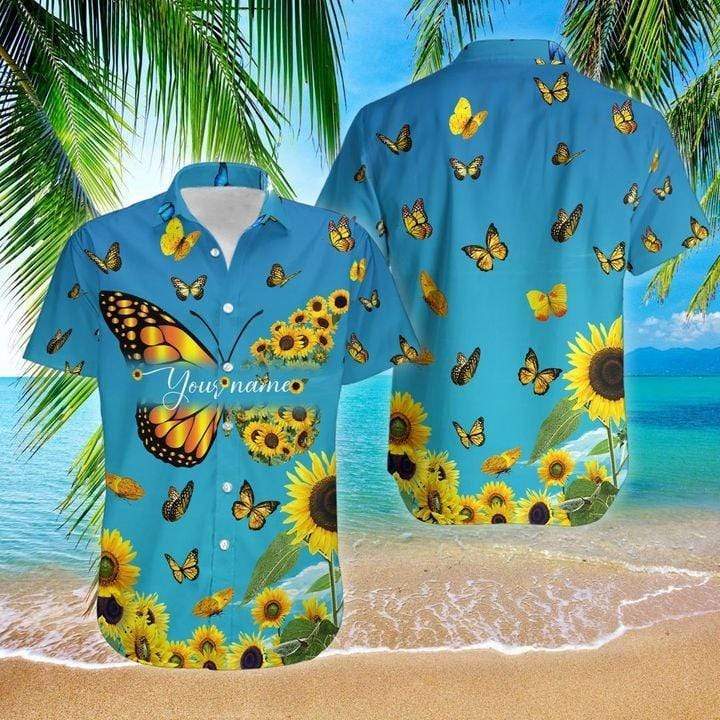 Custom Name Sunflower Butterfly Blue Unisex Hawaiian Shirts, Summer Shirts, Beach Shirts