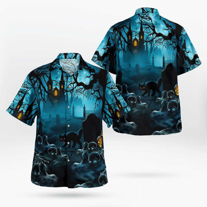 Gloomy Night Haunted Castle Black Cat Scary Halloween Spooky Hawaiian Shirt | For Men & Women | Adult | HW9035