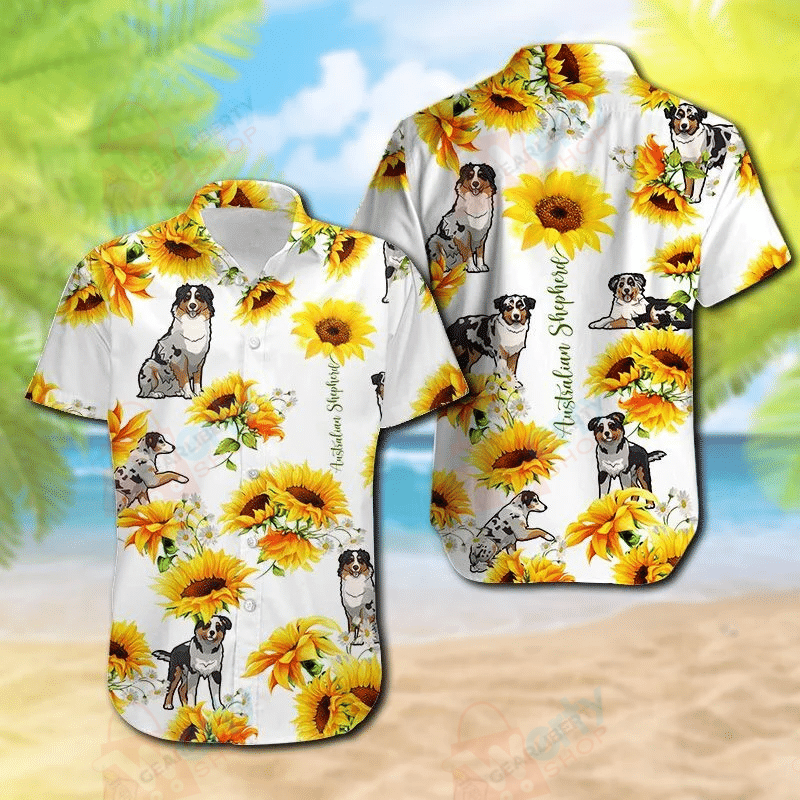 Australian Shepherd Sunflower Hawaiian Shirt