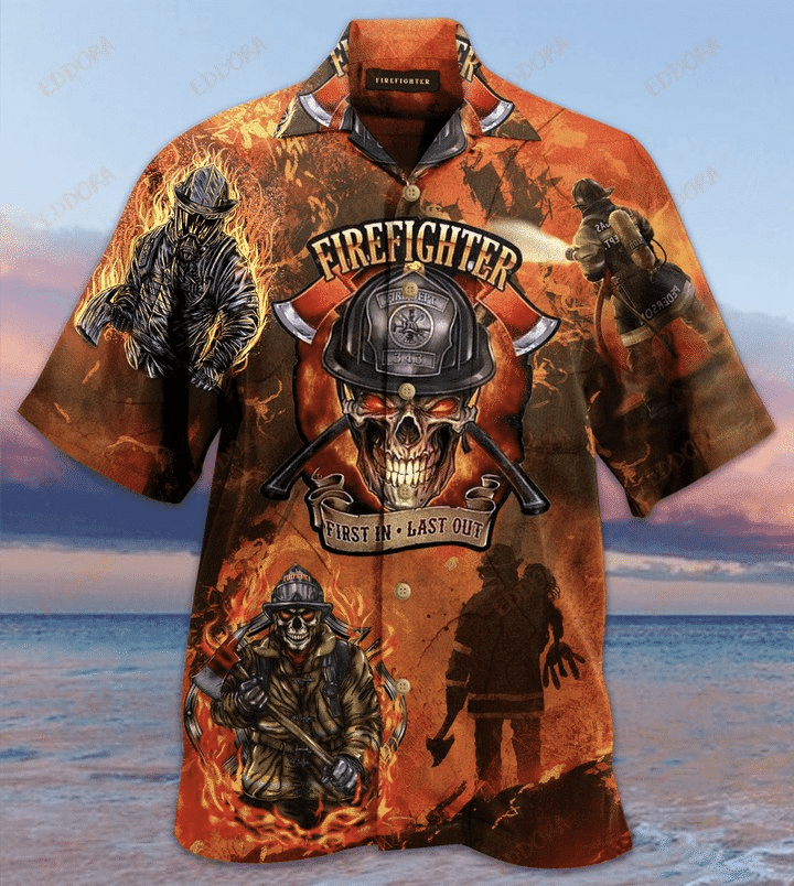 Firefighter First In Last Out Skull Fire Unisex Hawaiian Shirt