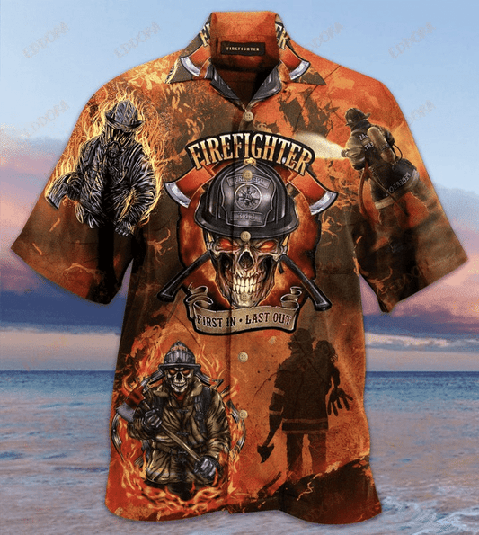 Firefighter First In Last Out Skull Fire Unisex Hawaiian Shirt