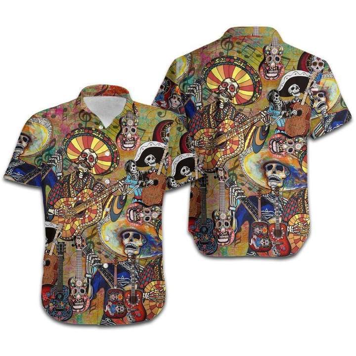 Skeleton Playing Guitar Retro Halloween Hawaiian Shirt | For Men & Women | Adult | HW4471