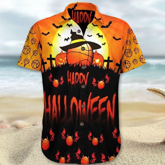 Orange Pumpkin Halloween Themed Button Hawaiian Shirt | For Men & Women | Adult | HW9050