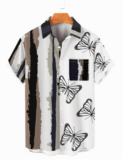 Abstract Tree Trunk And Butterfly Printed Mens Short Sleeve Shirt Hawaiian