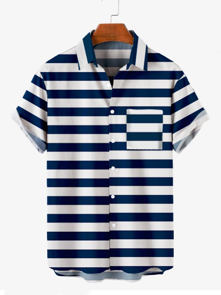 Blue-White Horizontal Stripe Turndown Collar Button Down Mens Short Sleeve Shirt Hawaiian