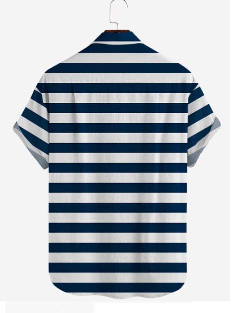 Blue-White Horizontal Stripe Turndown Collar Button Down Mens Short Sleeve Shirt Hawaiian