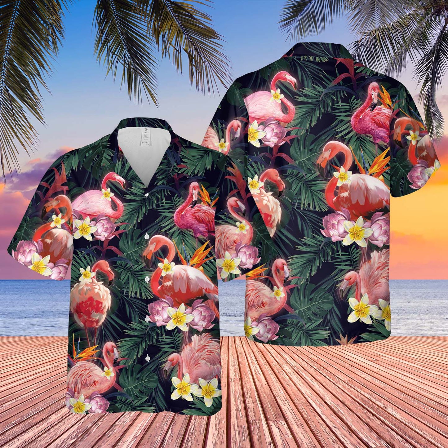 Flamingo Tropical Palm Leaves And Flowers Hawaiian Shirt