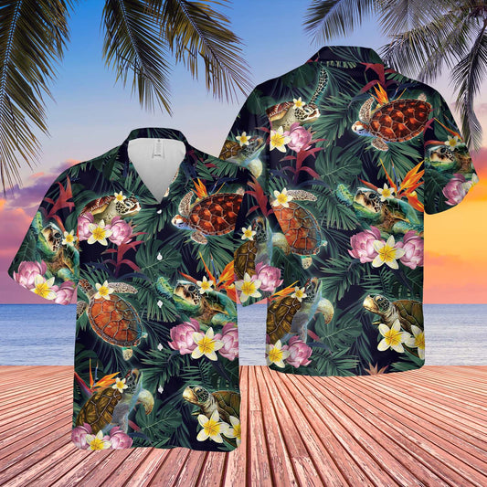 Turtle Tropical Palm Leaves And Flowers Hawaiian Shirt