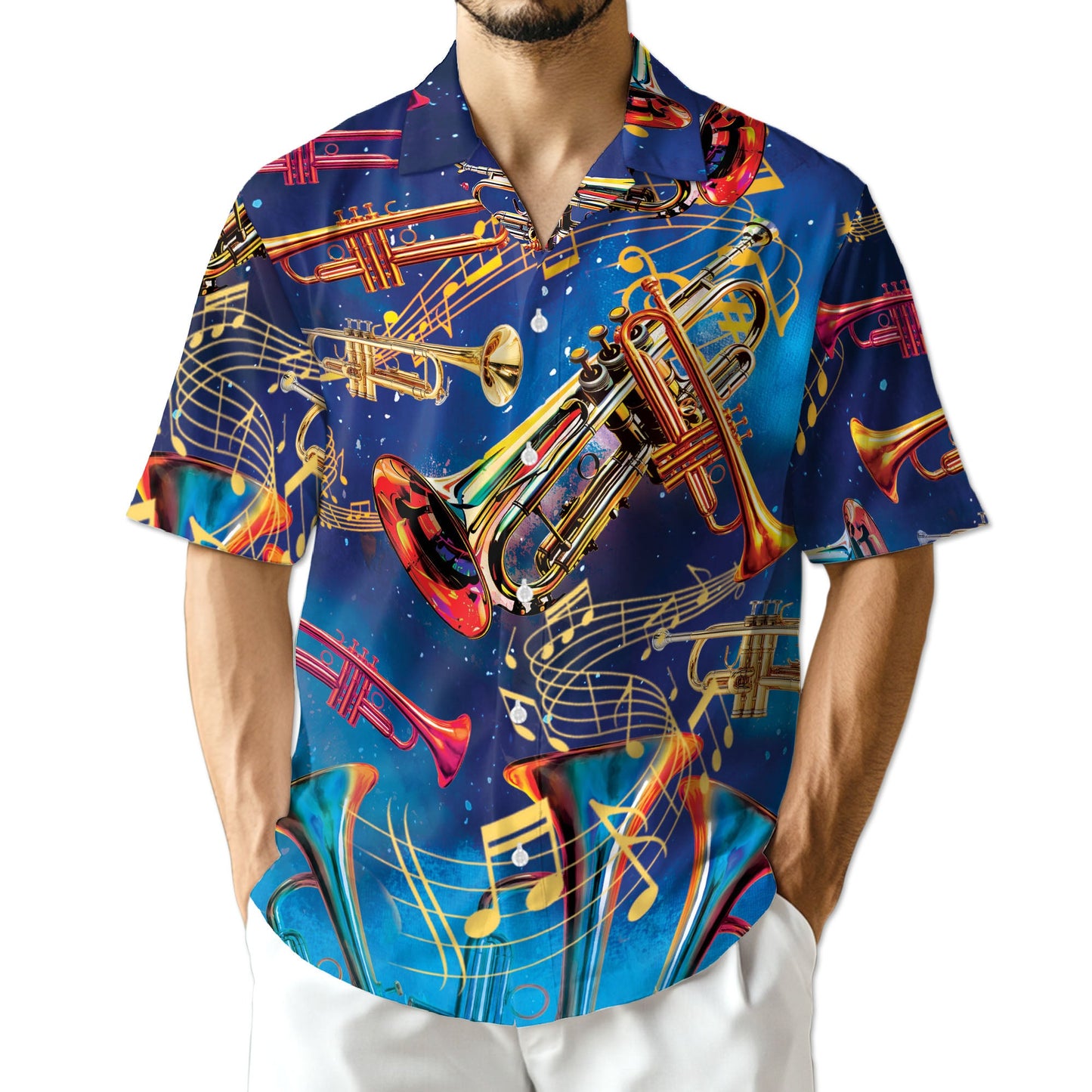 Retro Trumpet Pattern Hawaiian Shirt for Men, Button Down Aloha Shirt - Azhawaiian